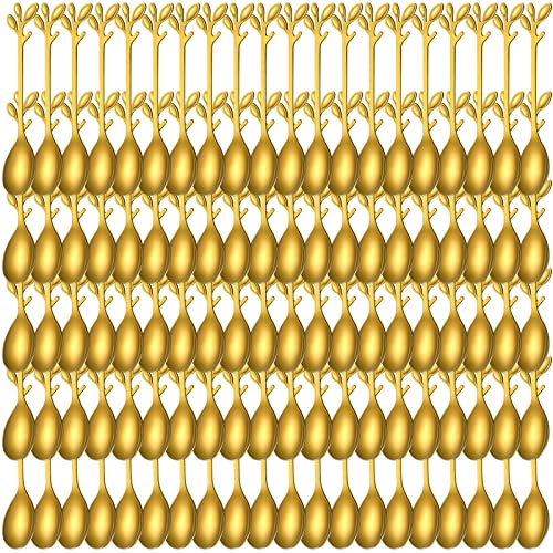 100 Pcs Demitasse Espresso Spoons Stainless Steel Bulk, 4.33'' Small Mini Coffee Tasting Dessert Spoons for Kitchen Dessert, Tea, Appetizer, 1.18'' Wide(Leave,Gold)