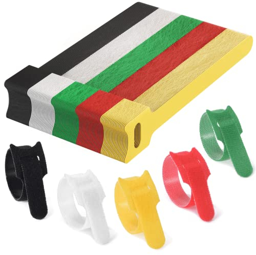 Klett Kabelbinder 100 Stück,5 Bunt Recycelbar Kabelbinder aus Nylon mit Haken, 15cm Selbstklebend Klettverschluss für USB Kabel, Kabelmanagement und Desktop-Organisation