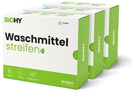 BiOHY Waschmittel Blätter (3 x 60 Stück) | Nachhaltiges UNIVERSAL Reisewaschmittel ohne Plastik | 100% biologisch abbaubares Waschpapier | Wasserlösliche Waschmittel Streifen für die Waschmaschine