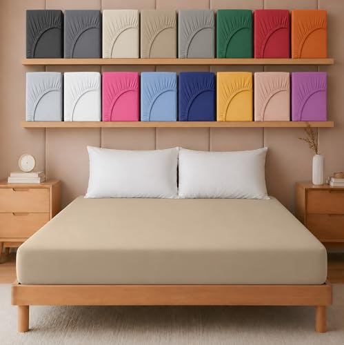 Hafaa Super King Fitted Sheet – Beige Soft Brushed Microfibre 25 cm Deep Elastic Fitted Bed Sheet – Easy Care & Breathable (180 x 200 cm)