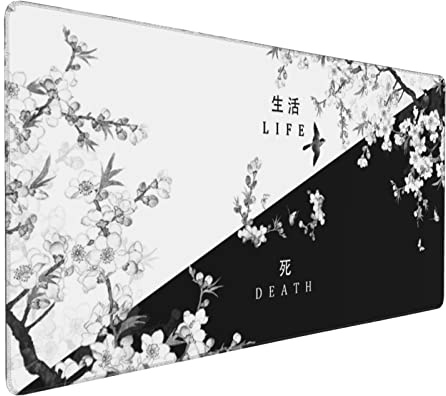 XXL Large Gaming Mouse Pad,Japanese Sakura Death Life Extended Desk Pad Non-Slip Rubber Base 35.4x15.7in with Stitched Edges Waterproof Full Desk Pads Computer Gaming Mousepads for Work/Game/Office