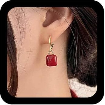 Inilbran Boho Korallen Ohrringe Rot Koralle Quadratisch Baumeln Ohrringe Vintage Koralle Edelstein Reifen Ohrringe Geometrische Quadratische Koralle Stein Ohrringe Schmuck Für Frauen Und Mädchen
