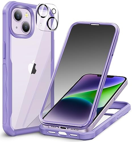 CENHUFO Compatible with iPhone 14/13 Case Built-in Privacy Screen Protector with Camera Lens Protector, 360°Full Body Shockproof Case for iPhone 13/14 with Anti Spy Screen Protector -Light Purple