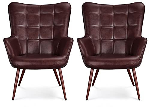 Yaheetech Accent Chair Faux Leather Modern Armchair High Back Sofa Chairs for Living Room/Bedroom, Chestnut Brown, 2 pcs