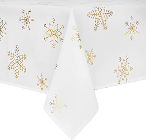 Yrendenge Wasserabweisend Weihnachtstischdecke 240x140, Rechteckige Weihnachten Tischdecke, Groß Esstischdecke Abwaschbar Weihnachts Tischdecke Tischtuch, Weiß mit Gold Schneeflocken Motiv