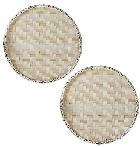 2pcs Plateau en Osier Rond 25cm, Panier de Fruits et legumes, Plateau de Service en Osier, Panier de Pique-Nique en Bambou Tressé à la Main, Plateaux Alimentaires Rond, Plateau Decoratif Table