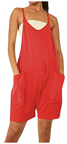 Jumpsuit Damen Elegant, Arbeitslatzhose Damen Kurz Latzhose Damen Jeans Jeans Latzhose Damen Latzhose Kurz Damen Sommeroveralls Für Damen Sport Jumpsuit Damen Kurzarm Hosenanzug (Rot,XXL)