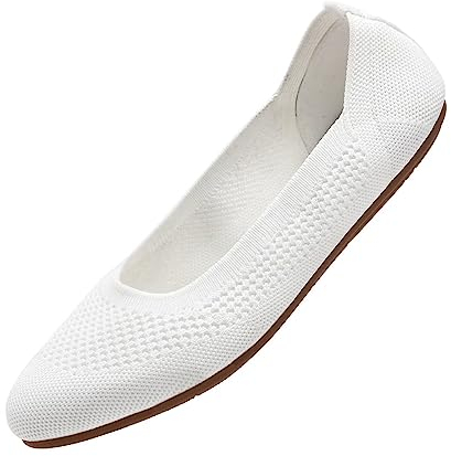 Puxowe Damen Ballerina Runde Zehe Stricken Flache Schuhe Komfort Weich Slip On Ballerina Walking Flats Schuhe für Frauen Niedriger Keil Lässig 39.5 EU White