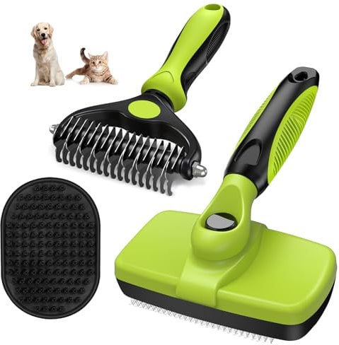 3PCS Self Cleaning Slicker Brush & Pet Grooming Rake & Bath Brush for Dogs,Cats and Horses | Double-Sided Dematting Comb & Skin Friendly Deshedding Grooming Tool | Premium Pet Supplies(Green Black)