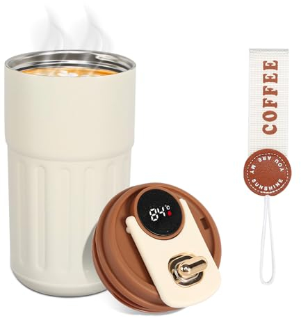 Water Bottle Flask with Temperature Display Stainless Steel Flask for Hot Drink 450mL, Insulated Coffee Mug Travel Mugs for Hot Drinks Mug Warmer Thermal Mug Thermal Cup Thermal Flask (Brown)