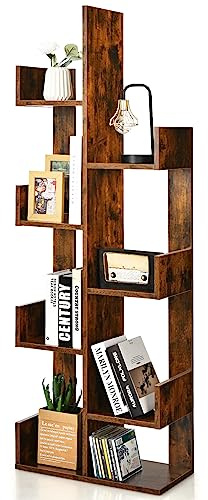 GIANTEX Scaffale Libreria a Albero, a 8 Livelli, Ideale per Soggiorno, Studio e Ufficio, Stile Moderno, Nero/Bianco/Marrone, 50x24,5x145 cm (Marrone)
