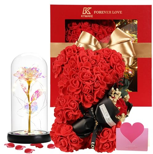 K KYMAKE Muttertags-Rosenbär-Geschenke für Mutter, Valentinstag, Rosenbär für Frau + romantische Grußkarte + zarte Blumenlampe von Tochter und Sohn