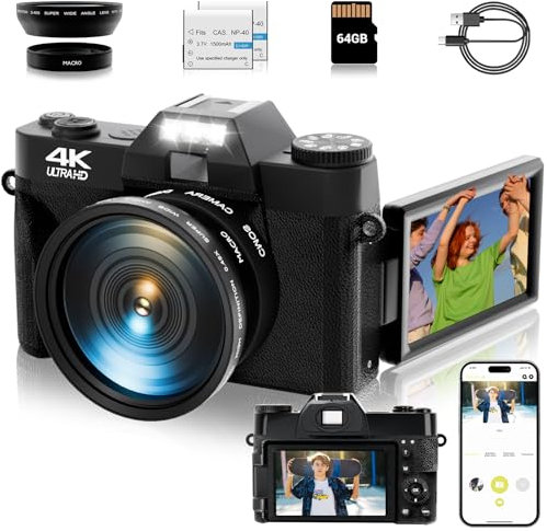 Fotocamera per vlogging, fotocamera digitale 4K 48MP per fotografia, zoom digitale 16x, fotocamera per vlogging per YouTube con schermo flip a 180 gradi, obiettivo grandangolare, 2 batterie e scheda