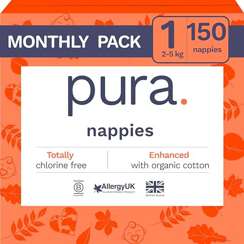 Pura Eco Baby Nappies - Size 1 (2-5kg / 4-11lbs), 6 x 25 Nappies (150 Total), Monthly Pack, Newborn Nappies for Sensitive Skin, Organic Cotton, Wetness Indicator, Umbilical Cord Cutout, New Size Guide