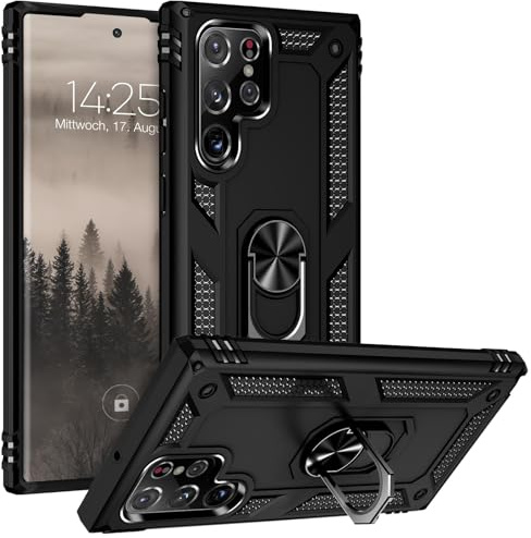 LBH Outdoor Hülle für Samsung Galaxy S22 Ultra Armor Militär Stoßfest Handyhülle 360 Grad Metal Ring Halter Ständer Schutzhülle für Handyhalterung Auto Magnet Schwarz