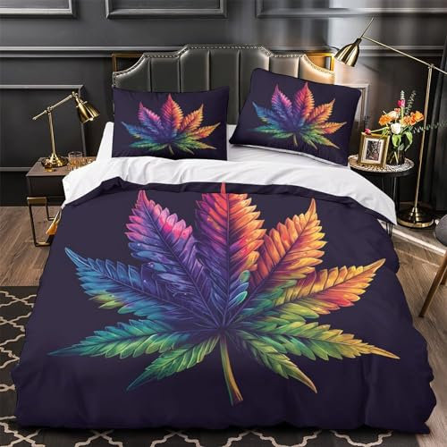 CTAMM Hanfblatt Bettwäsche Set Ahornblatt 3D Druck Mikrofaser Bettbezug 3 Teilig Mit Kissenbezüg,für Erwachsene Kinder Jugendliche Super König（260x220cm）