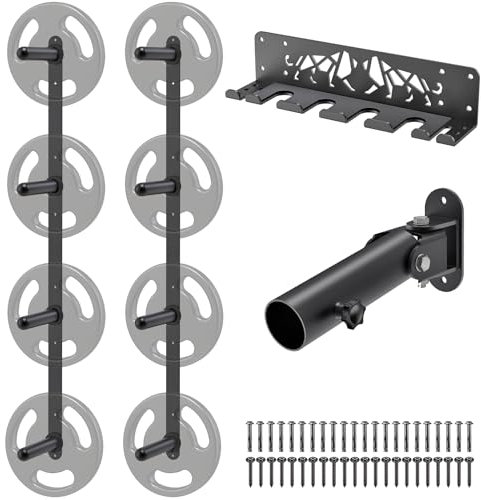 Kipika Gym Organizer-Set – Wandmontiertes 4 Heringe, Hantelscheiben-Aufbewahrungsregal (2 Stück), Langhantel-Aufbewahrungsregal mit T-Stange, Landminen-Plattform-Befestigung – langlebige