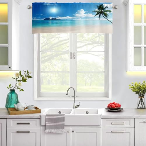 KnSam Küchen Scheibengardinen, Strand Kokosnusspalme Muster Gardinen Kurz Blickdicht, 1er Rod Pocket Polyester Ösenvorhang 2Er Set Privatsphäre Fenstervorhang, BxH 152x45cm