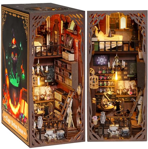 Pourbibi DIY Book Nook, 3D-Puzzle Booknook Miniatur Haus Modellbausatz, Puppenhaus Kitaus Holz Tiny Haus mit LED Licht, Kreative Geschenkdekoration für Erwachsene Jugend ab 14+ (Magisches Haus)