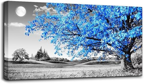 hyidecorart Tableau Decoration Murale Salon Moderne Grand, 1 Pièce Tableaux Arbre De Vie Bleu, Vintage Nature Impression Sur Toile, Decoration Murale Chambre Salle De Bain Cuisine Bureau