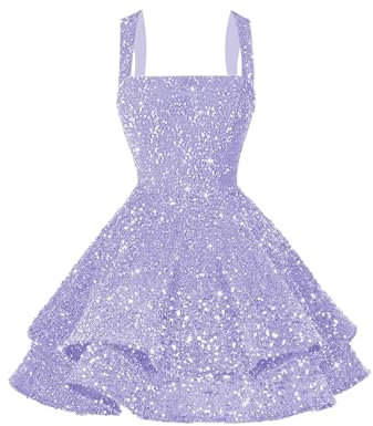 kopptioo Sequin Homecoming Dresses for Teens Sparkly Lilac Pleated Spaghetti Strap Mini Y2k Sweet 16 Dress Size UK14