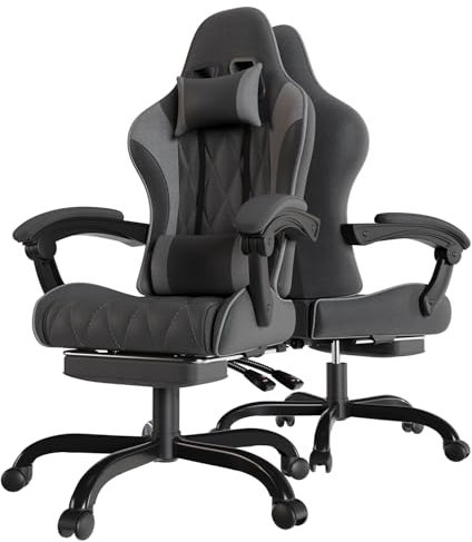 Devoko Silla Gaming de Tela, Sillas de Oficina Ergonómica con Masajeador, Cadeira Gamer con tapicería de muelles, con reposacabezas, reposapies, Ruedas, Regulable en Altura. Grigio Scuro