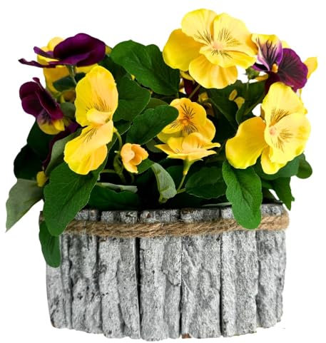 B4y Home dESING Grabgesteck Tischdeko künstliche Stiefmütterchen in Gelb u. Lila mit Übertopf 25cm hoch Grabdeko Grabblume Arrangement wie echt