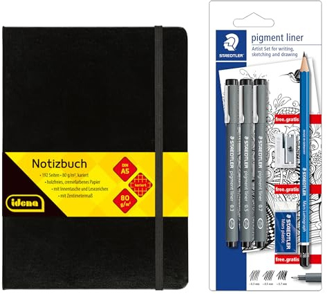 Idena 90326 - Notizbuch DIN A5 mit 192 Seiten, kariert, inkl. STAEDTLER Artist Set mit 3 Pigment Linern, einem Bleistift, Anspitzer und Radiergummi