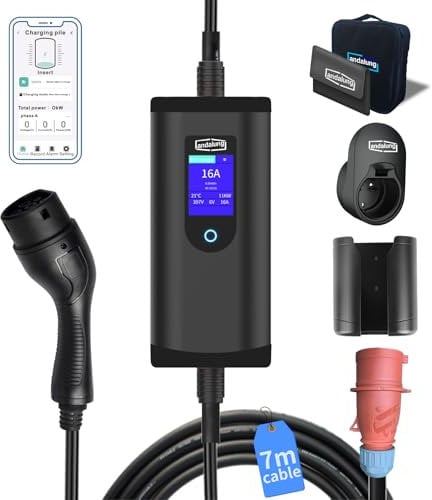 Andalung Tragbarer EV-Lader 11KW 3-Phase 6-16A mit Einstellbarem Strom, App-Steuerung, 7m Kabe, IP65 Schutz, Kompatibel mit Allen PHEV/EV Fahrzeugen, WiFi, Bluetooth, Roter CEE-Stecker