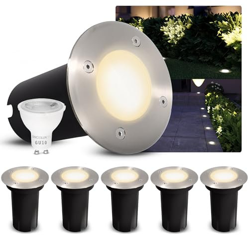 SSC-LUXon 6er Set KALPA LED Bodeneinbaustrahler silber rund GU10 6W warmweiß 230V IP67 Bodenleuchte regenfest & befahrbar