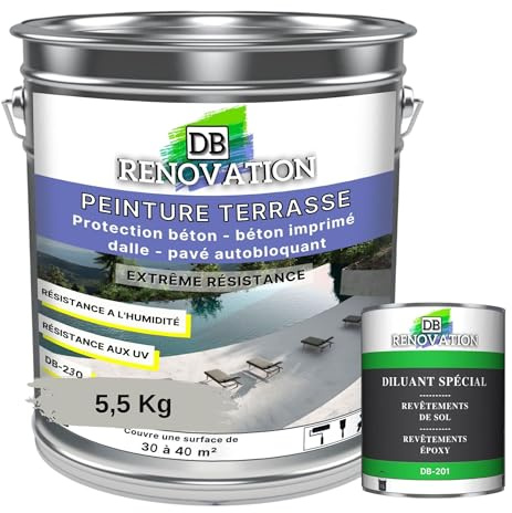 DB Rénovation PEINTURE SOL TERRASSE Extérieur pour béton, pavé - Forte protection UV - Haute imperméabilité - Passage fréquent - Gris soie 5,5KG + 1L Diluant