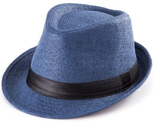 LADYBRO Chapeaux Fedora de paille XL pour homme, été, trilby, plage, voyage, Panama, décontracté, 7 1/2, bleu marine, 60 EU