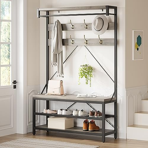 OPULENTHOME Garderobe mit Sitzbank, Garderobenständer mit Schuhablage Freistehend, Holz-Look Kleiderständer mit Schuhregal, mit 2 Lagerung Regal Hängende Bar, 8 Haken,101x40x182cm Grau