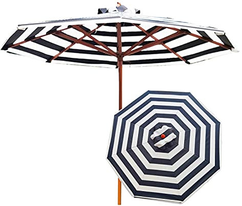 HUIBBGO Parasol rond en bois, parasol de table rayé noir de 2,7 m avec coupe-vent, abri solaire pour plage, camping