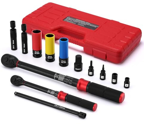MIXPOWER 13 PCS 1/2 & 3/8 Drive 72 Teeth Torque Wrench Set, 20-220 Nm, 5-60 Nm, with Extension Bar, Adapter, Wheel Impact Socket, Magnetic Spark Plug Socket, Torx Bits and Shallow Sockets, CR-V