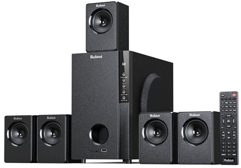 Bobtot Home Theater Systems with 5.25 inch Subwoofer, 600 Watts Peak Power | 5.1 Wired Satellite Surround Sound Speakers, Deep Bass Audio Stereo System with FM Radio Bluetooth AUX DVD USB SD Input