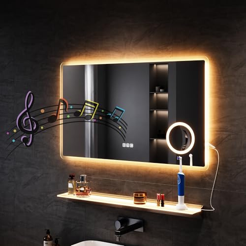 SONNI LED Badspiegel mit Bluetooth 100x60 cm, Touch Badezimmerspiegel mit Steckdose, 3 Lichtfarben, Anti-Beschlag & Gedächtnisfunktion + 90cm Wandregal mit LED-Beleuchtung