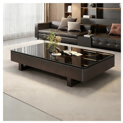 HOFUNTRE Mesa de Centro con Vidrio Templado Cristal 3C, Superficie Amplia, Estructura de Metal, Bordes Redondeados(Classic Black)