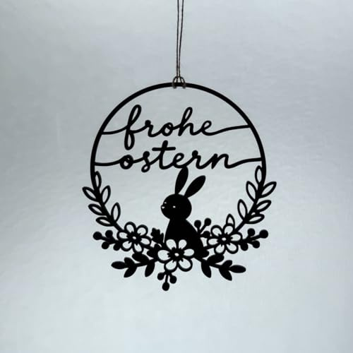 Osterdeko Holz, Osteraufhänger aus Holz, Schwarz Lackiert, Osterhase mit Blumen Design, Tür und Fenster Dekoration, Rund, Osterdeko modern (Motiv 1)