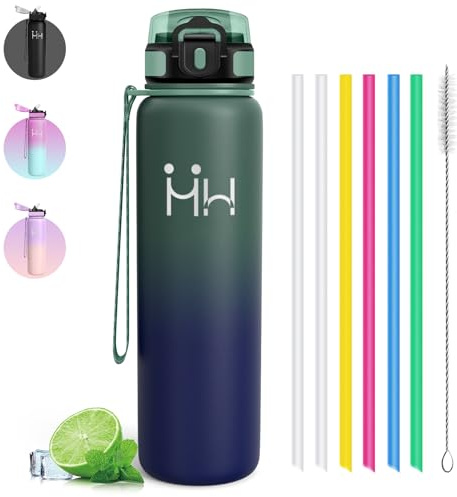 Trinkflasche Edelstahl 1l - Trinkflasche Edelstahl - Trinkflasche Sport - Leicht zu Reinigen - Isolierflasche Doppelwandig - Thermosflasche mit Strohhalm für Wandern, Sport, Fitness, Outdoor