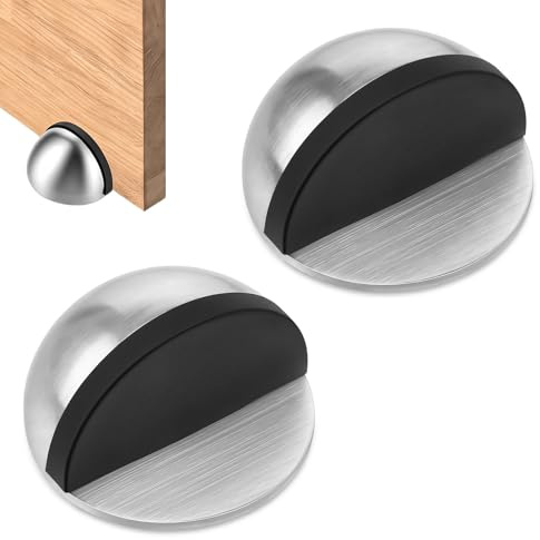 2 Pcs No Drill Door Stoppers for Floor, Self Adhesive Door Stops, Stainless Steel No Drill Doorstops, Half Dome Rubber Floor Doors Stop Wall Mounted for Bedroom Living Room Bathroom Office