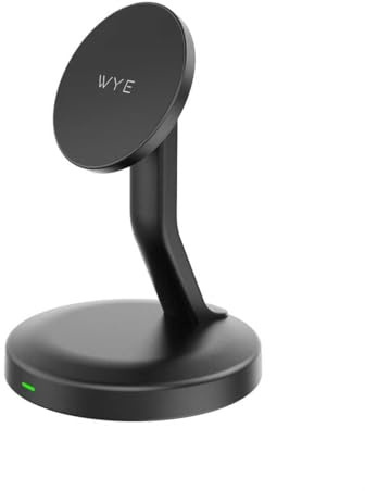 WYE 15W Magnetic Wireless Charging Phone Stand with USB-C Fast Charging, Adjustable Magnetic Phone Holder for iPhone & Qi Smartphones, Desk & Bedside Charging Stand Black