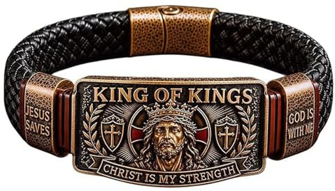 King of Kings Faith Bracelet - Adjustable Christian Wristband Gift, Christian Leather Bracelet with Jesus Christ Engraving, Christians Gift for Men Husband Dad
