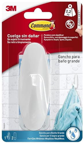 Command Gancio Adesivo da Bagno Grande, Resistente all'Acqua - 1 Gancio e 2 Strisce - Accessorio Salvaspazio senza Forare il muro, Tenuta: 2.2 kg