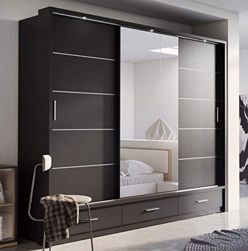 Arthauss Arti 1 - Sliding Door Mirrored Wardrobe 250cm in Matt Black: Elegant Flat Pack Furniture with Six Shelves, and Three Drawers for Ample Storage. Perfect for Stylish Bedroom Décor