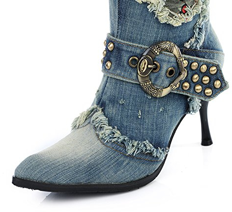 Lorie & Knight Stivali da donna blu/grigi jeans alti al ginocchio Rivet Punk Tacco a spillo Stivali a punta, Blu, 39 EU
