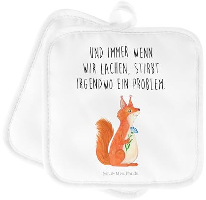 Mr. & Mrs. Panda 2er Set Topflappen Eichhörnchen Blume - Geschenk, Tiere, Topfuntersetzer, Topflappen mit Spruch, Ofenhandschuh, Spruch positiv,