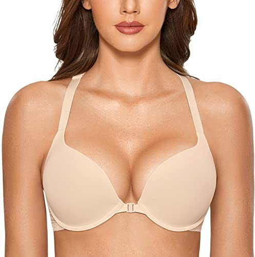 DOBREVA Women's Push Up Bra Front Fastening Bras T Shirt Racer Back Padded Underwired Plunge Bra Beige 32C
