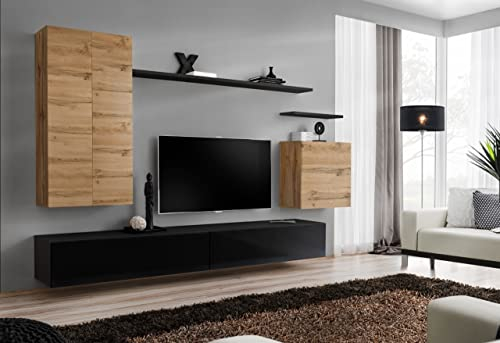 ASM Wand-Set - Switch XX - 1 LED Vitrine - 1 TV-Bank - 1 Wandregal - Holz und Schwarz - Modell 1