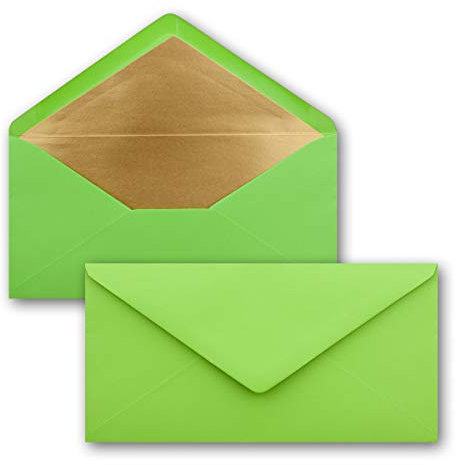 25 Brief-Umschläge DIN Lang - Hellgrün mit Gold-Metallic Innen-Futter - 110 x 220 mm - Nassklebung - festliche Kuverts für Weihnachten
